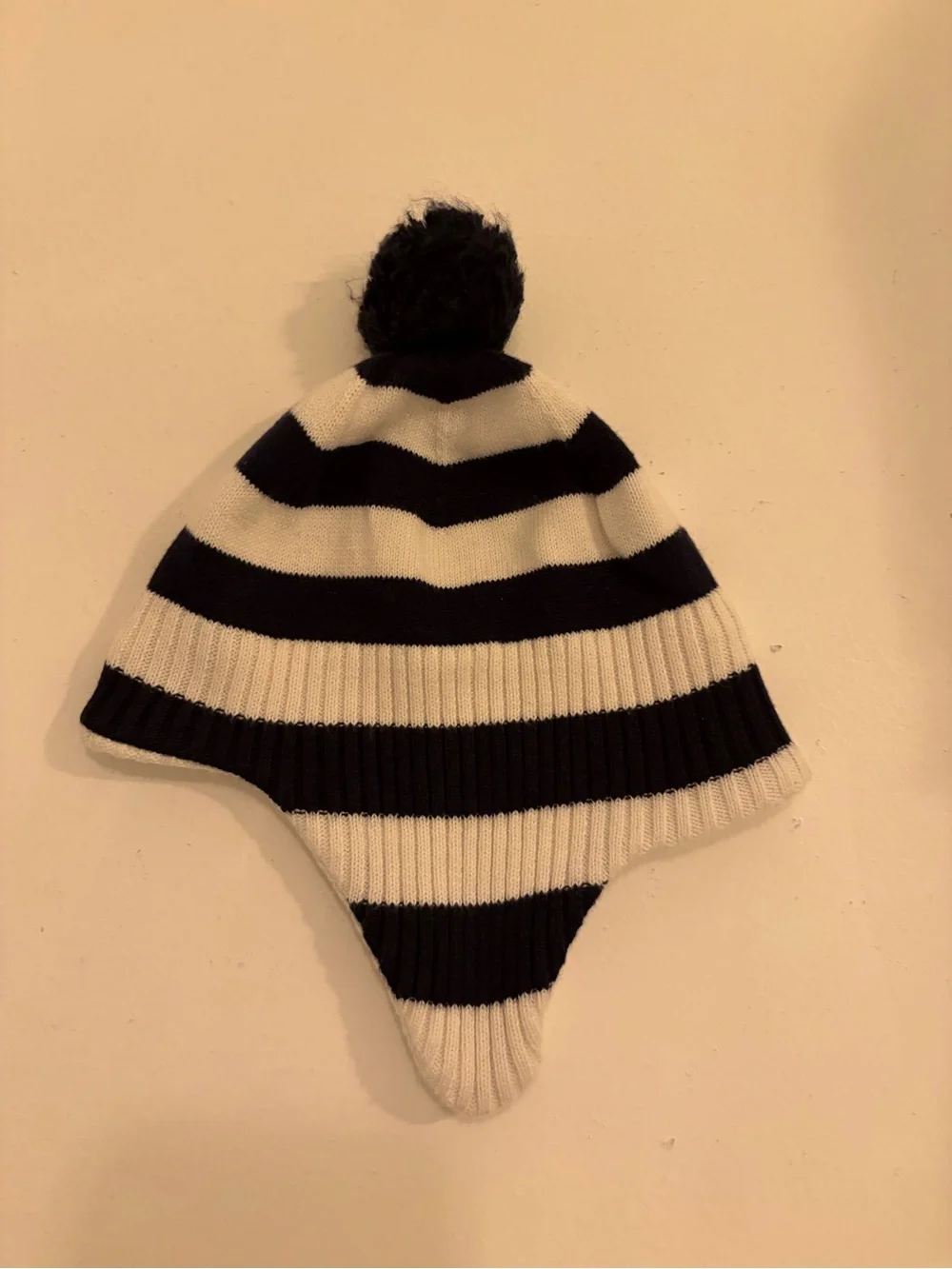 Vintage Navy and Cream Striped Earflap Baby Hat with Pom